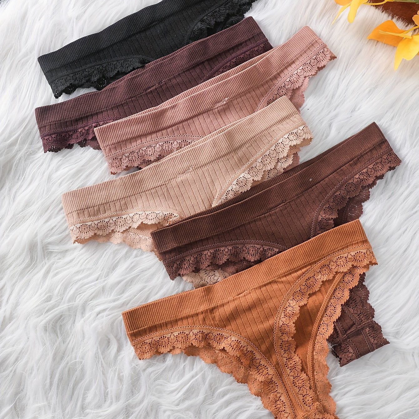 6pcs Solid Ribbed Lace Trim Thongs, Comfy Breathable Stretchy Intimates Panties, Women's Lingerie & Underwear
