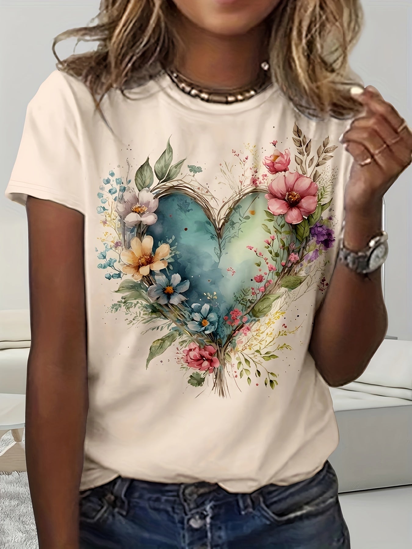 Floral & Heart Print Crew Neck T-Shirt, Casual Short Sleeve T-Shirt For Spring & Summer, Women's Clothing