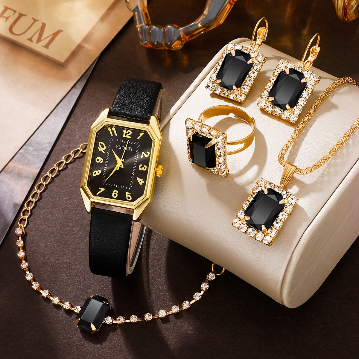 5PCS/6PCS Women's Watch Retro Rectangle Pointer Quartz Watch Analog PU Leather Wrist Watch & Jewelry Set, Gift For Mom Her