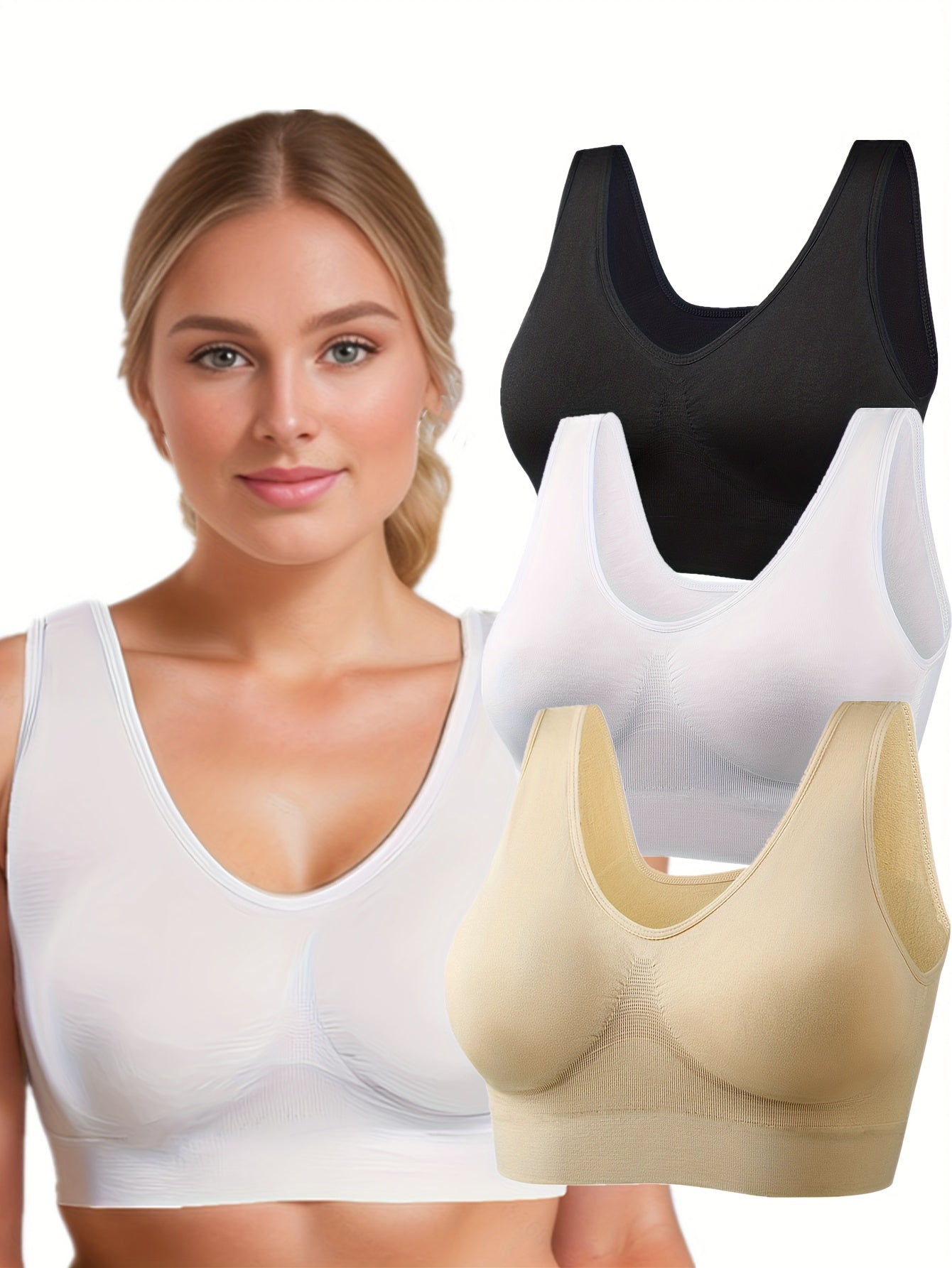 3pcs Women's Seamless Sports Bras - No Padding, Wire-Free, Plus Size, Nylon Blend, Black, Ribbed Texture, V-Neck Design for Running, Yoga & Workouts