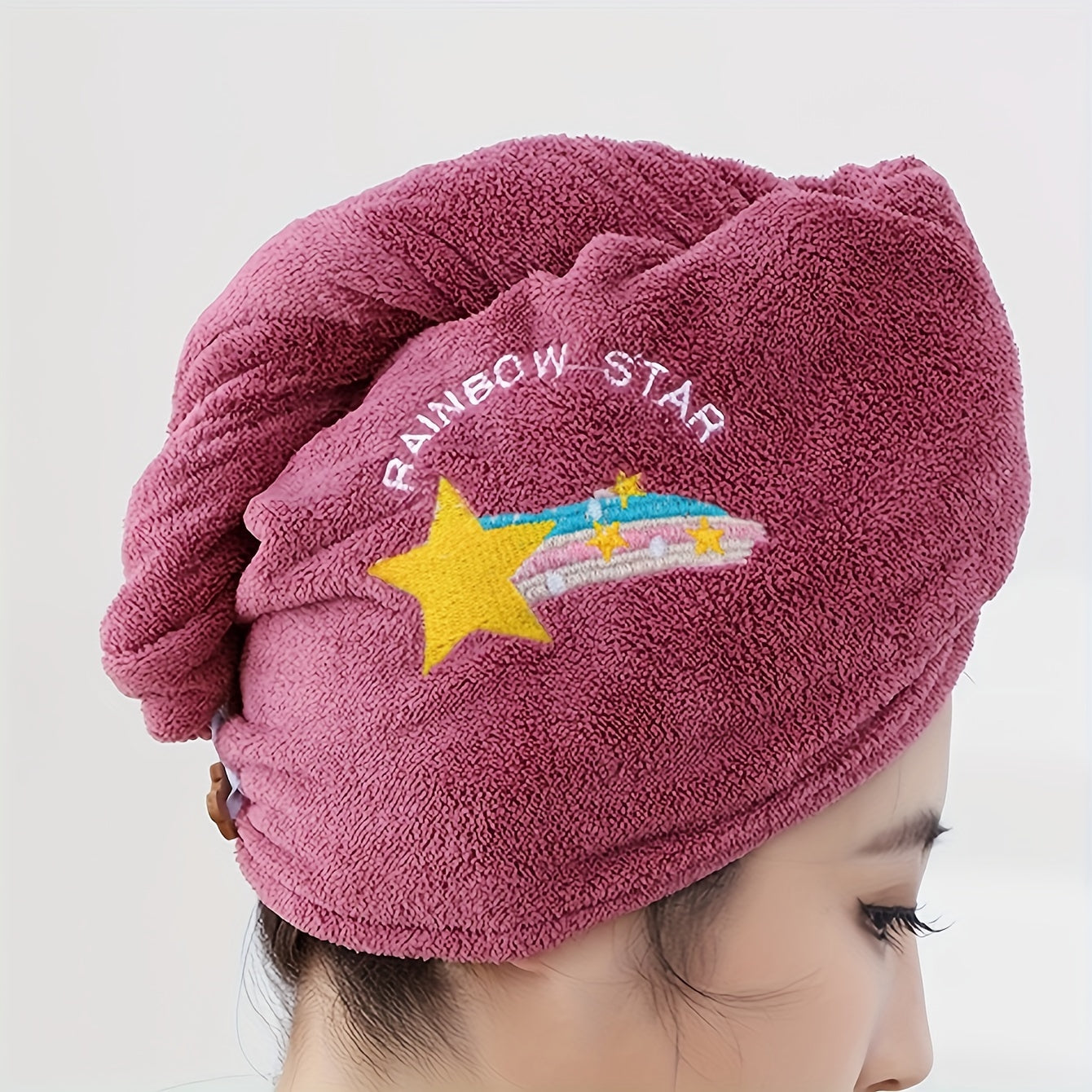 1pc Rainbow Embroidered Hair Towel With Button, Soft Hair Drying Cap, Cute Solid Color Hair Towel For Bathroom, Absorbent Quick Drying Hair Wrap Towel For Women, Bathroom Supplies, Bathroom Accessories
