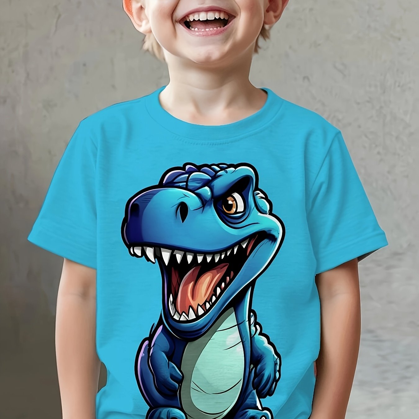 Adorable Dinosaur-Themed Design on a Boys' Short-Sleeve T-Shirt with a Round Neck, Suitable for Sports And Casual Outings, Made from Slightly Stretchy Fabric That Is Comfortable And Breathable, Featuring a Stylish Look That P
