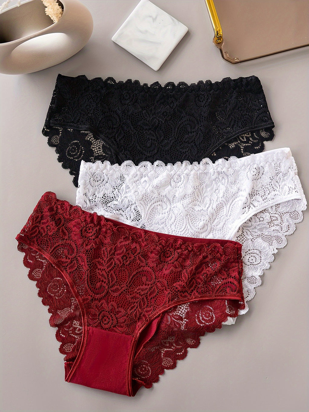 3pcs Solid Lace Briefs, Comfy Breathable Stretchy Intimates Panties, Women's Lingerie & Underwear