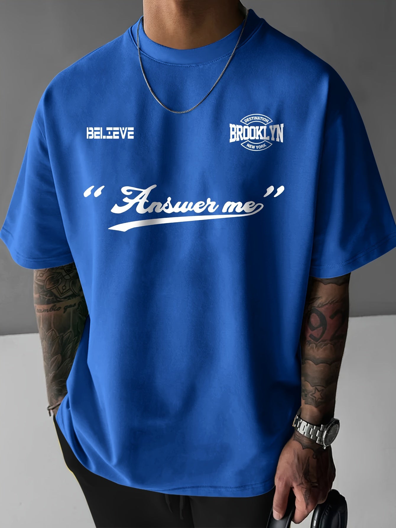 Believe Brooklyn Symmetrical Design Print, Men's Short Sleeve Round Collar Street Style T-shirt For Summer & Spring