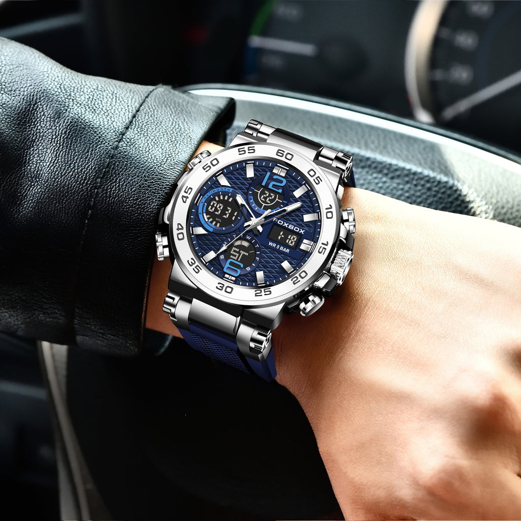 Men's Waterproof Sports Watch with Dual Display, Alarm, Chronograph & Luminous Hands - Blue Mesh Strap, IP68 Rating, Ideal for Outdoor Activities & Gifts, Waterproof Watch