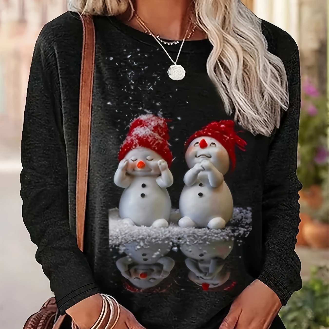 Snowman Print Crew Neck T-shirt, Casual Long Sleeve Top, Women's Clothing