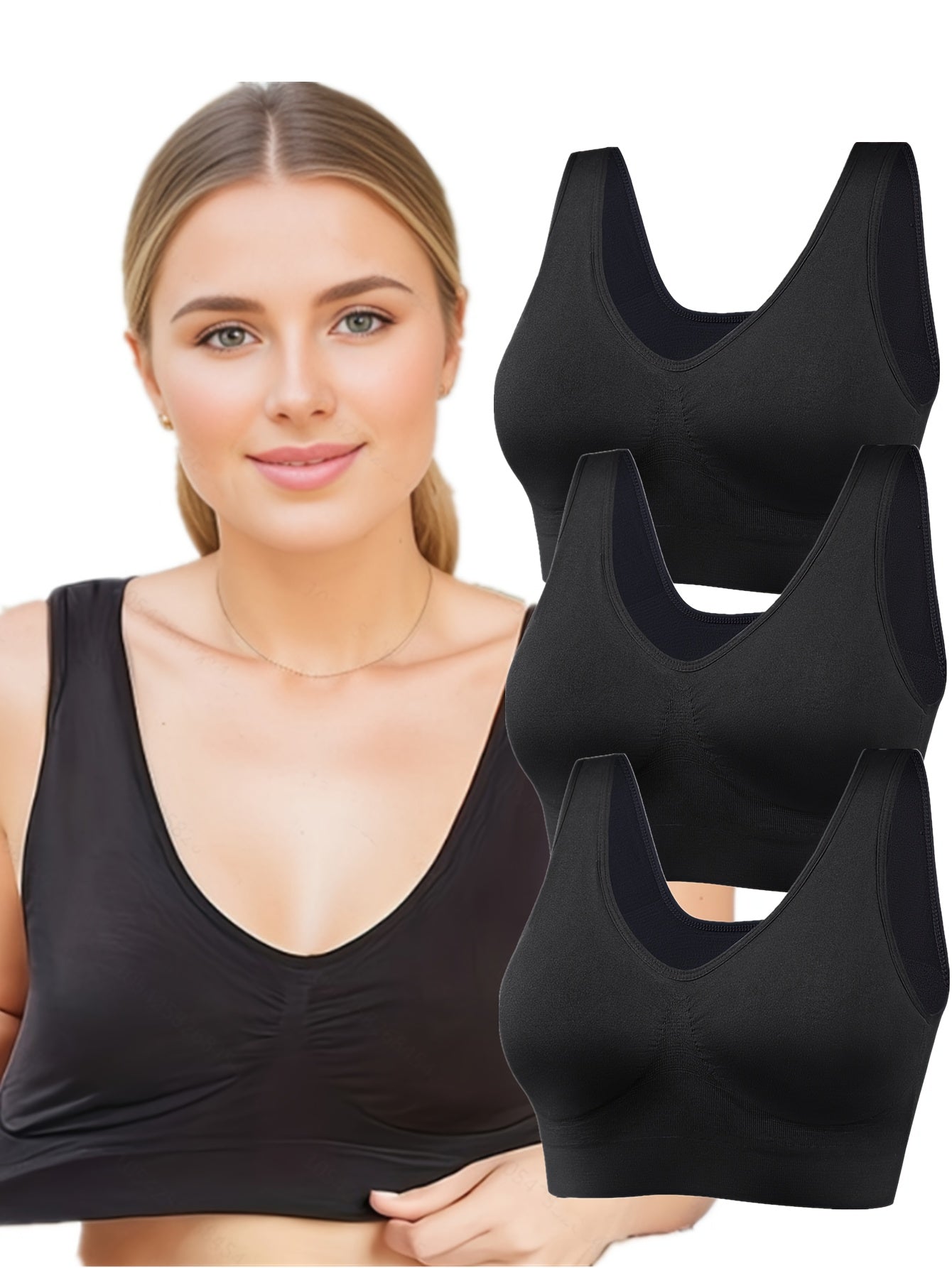 3pcs Women's Seamless Sports Bras - No Padding, Wire-Free, Plus Size, Nylon Blend, Black, Ribbed Texture, V-Neck Design for Running, Yoga & Workouts