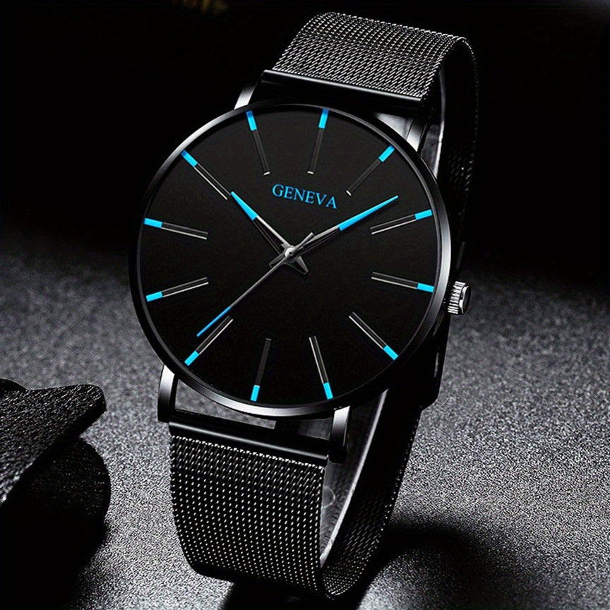 Casual Round Pointer Quartz Watch Large Geo Dial Analog Mesh Strap Wristwatch For Women Men