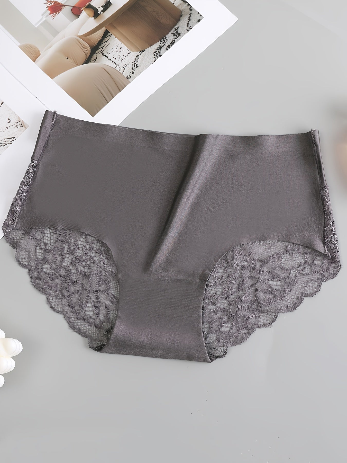 4pcs Satin Floral Lace Seamless Briefs, Simple & Comfy Breathable Stretchy Intimates Panties, Women's Lingerie & Underwear