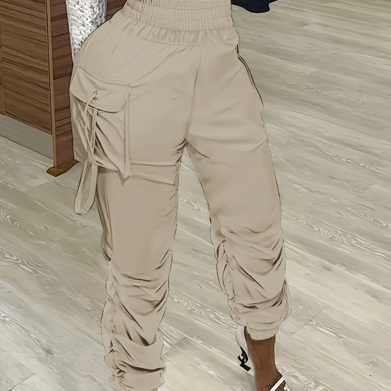 Women's Olive Green Cargo Pants with Ruched Waist - Casual Polyester, Straight Fit, Solid Color, Machine Washable, All-Season Wear