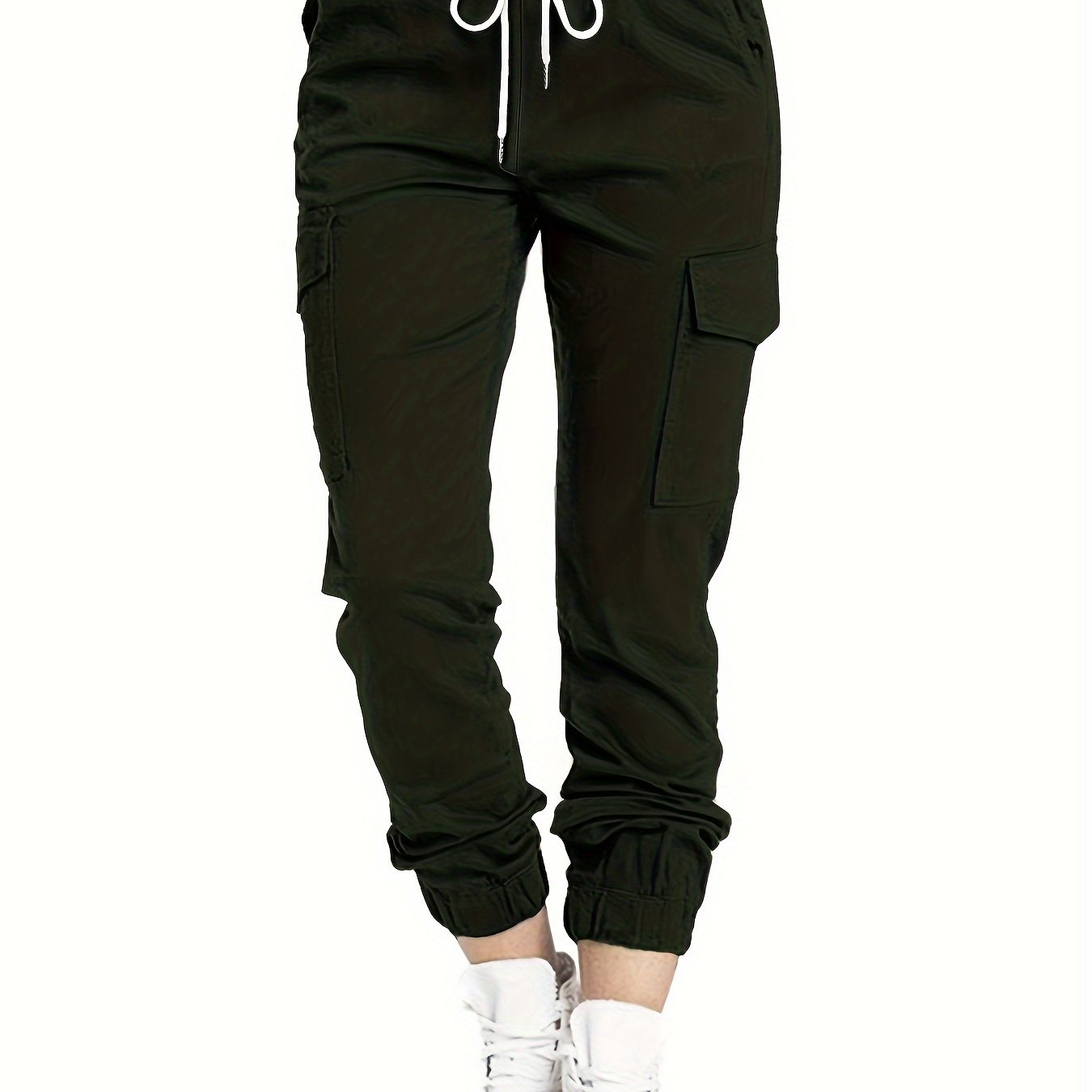 Y2K Solid Drawstring Cargo Pants, Casual Elastic Waist Long Length Pants With Pockets, Women's Clothing