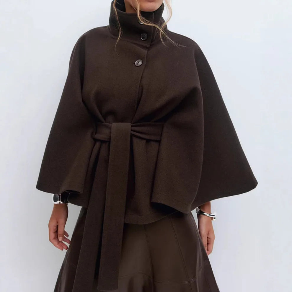 New Autumn and Winter Women's Coat in Europe and America Plain Color Cape Stand-up Collar Button Waist Belt Trench Coat