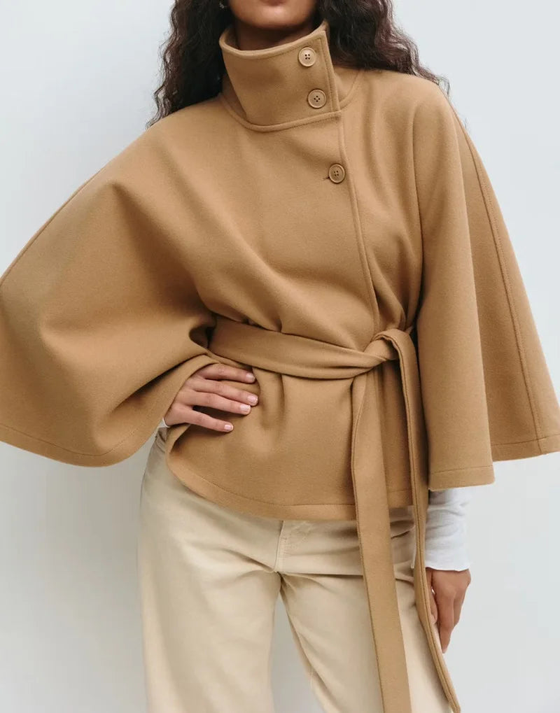 New Autumn and Winter Women's Coat in Europe and America Plain Color Cape Stand-up Collar Button Waist Belt Trench Coat