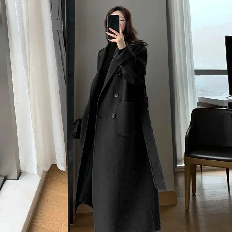 Women‘s Coat Winter Korean Fashion Long Coated Thickened Woolen Winter Coat for Women Black Coat Harajuku