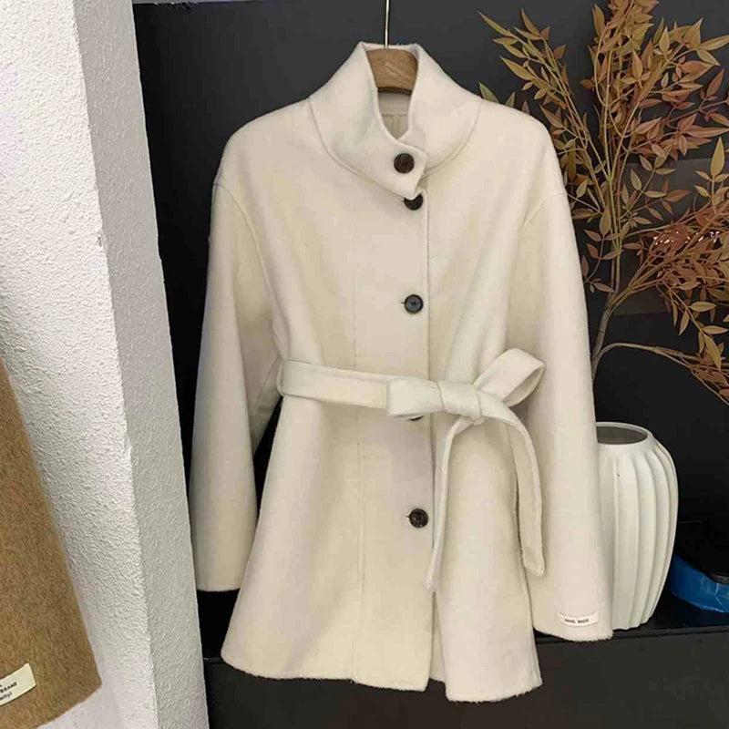 Double Sided Cashmere Coat For Women Winter Temperament Stand Collar Tied Woolen Overcoat Female Loose Waist Woolen Clothes