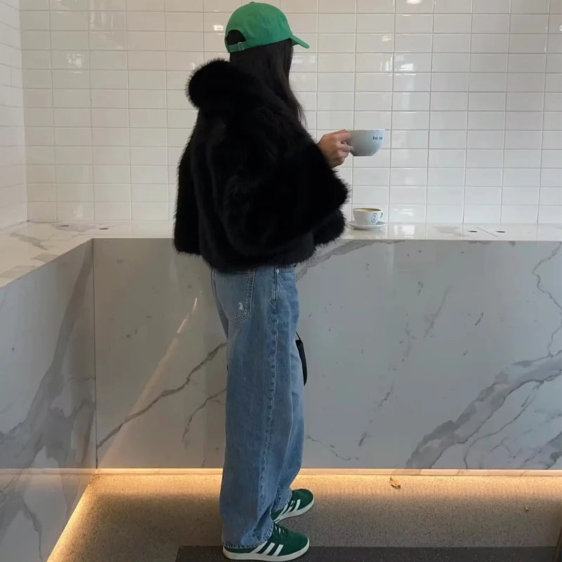 MUJER Black Faux Fur Coat for Women Autumn Winter Plush Coats and Jackets Streetwear Outerwears Long Sleeve Warm Womens Coats