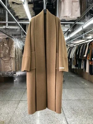 New Women Bathrobe Style Double Sided Wool Coat Loose Big Turn-Down Collar Long Sleeve Fashion Warm Wool Jacket Autumn Winter