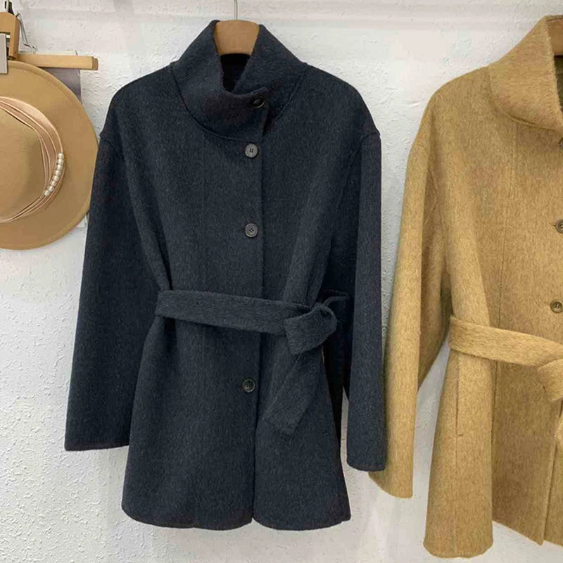 Double Sided Cashmere Coat For Women Winter Temperament Stand Collar Tied Woolen Overcoat Female Loose Waist Woolen Clothes