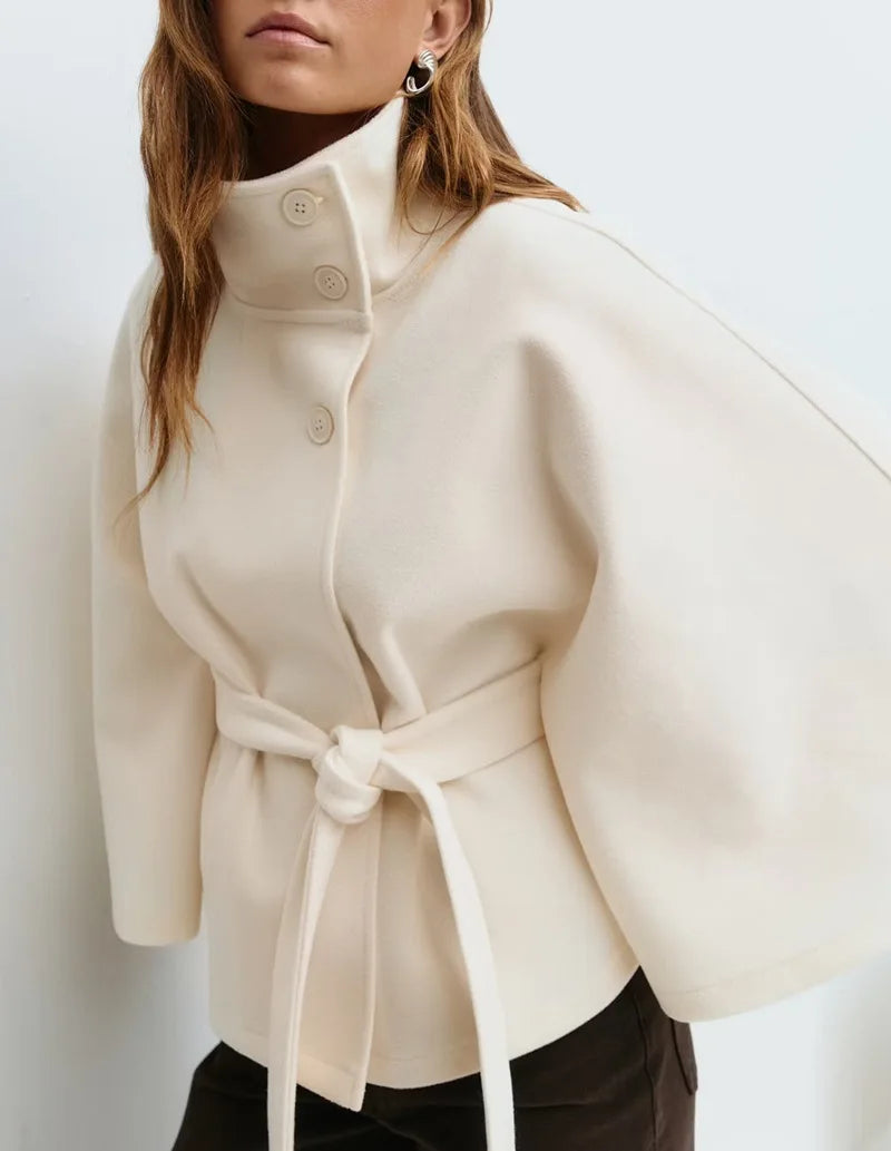 New Autumn and Winter Women's Coat in Europe and America Plain Color Cape Stand-up Collar Button Waist Belt Trench Coat