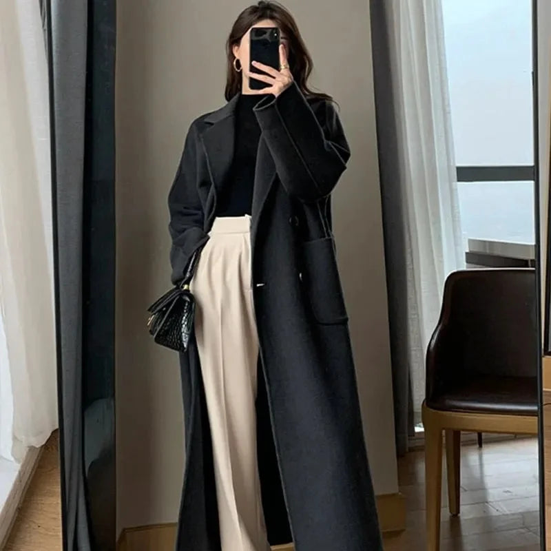 Women‘s Coat Winter Korean Fashion Long Coated Thickened Woolen Winter Coat for Women Black Coat Harajuku