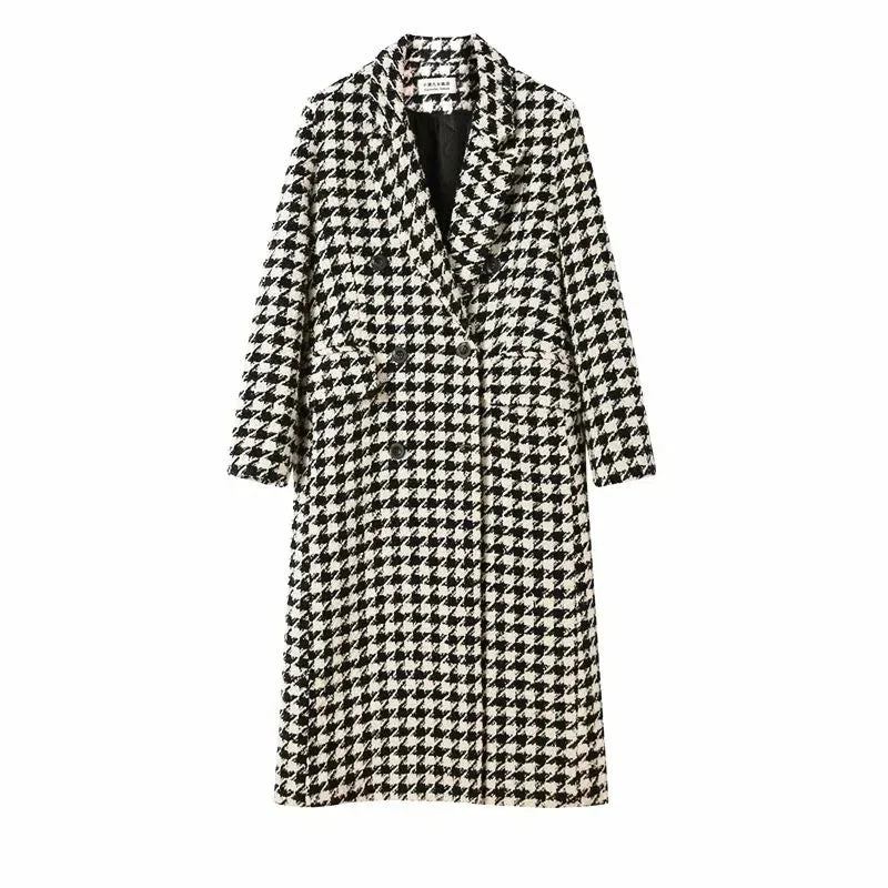 Women Autumn Winter Woolen Coat 2025 New Women Double Breasted Coat Korean Houndstooth Mid-Length Woolen Coat Lady Winter Jacket