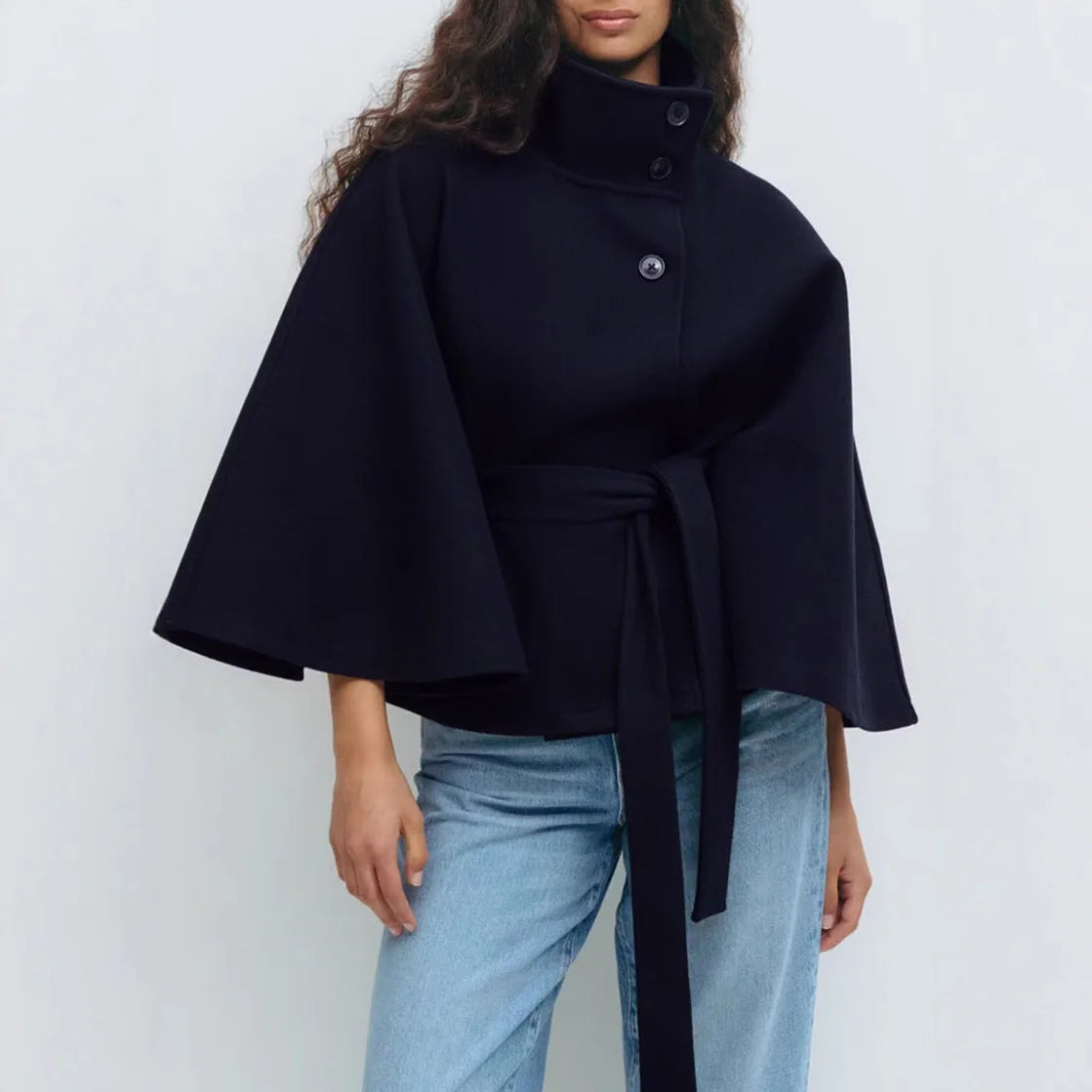 New Autumn and Winter Women's Coat in Europe and America Plain Color Cape Stand-up Collar Button Waist Belt Trench Coat
