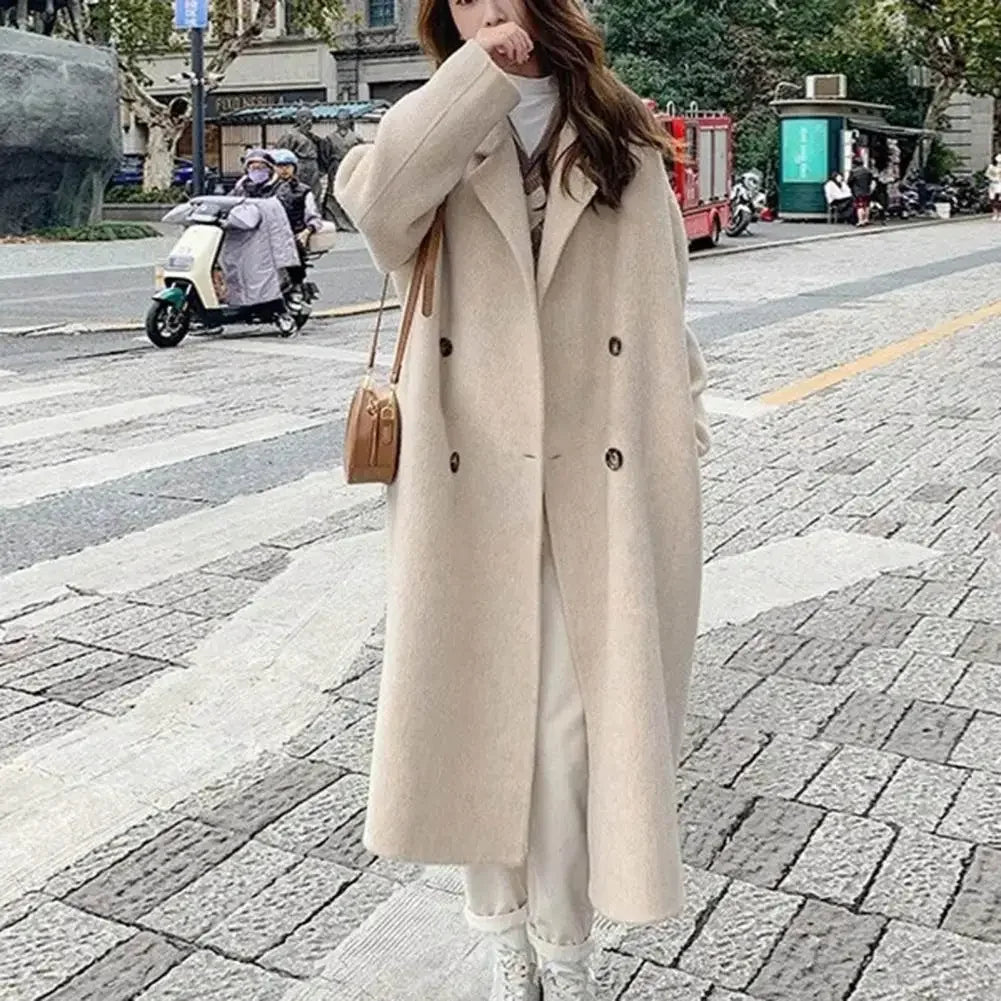 Women Woolen Coat Double-Breasted Autumn Winter New Fashion Loose Long Trench Coat Retro Loose Female Overcoat Ladies Windbreak