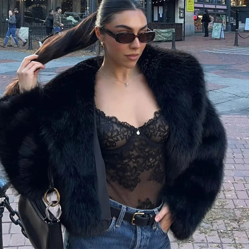 MUJER Black Faux Fur Coat for Women Autumn Winter Plush Coats and Jackets Streetwear Outerwears Long Sleeve Warm Womens Coats