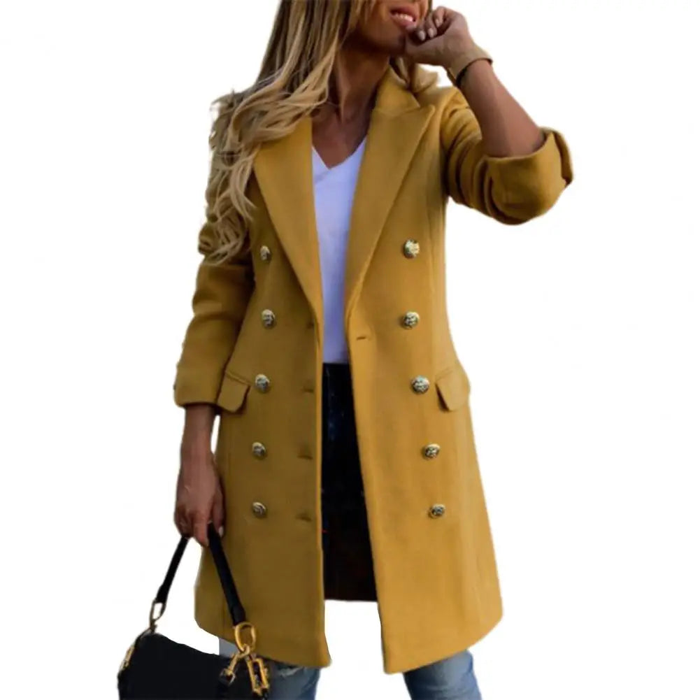 Classic Women Overcoat  Long Sleeve Woolen Wool Coat  Long Sleeve Slim Fit Casual Overcoat