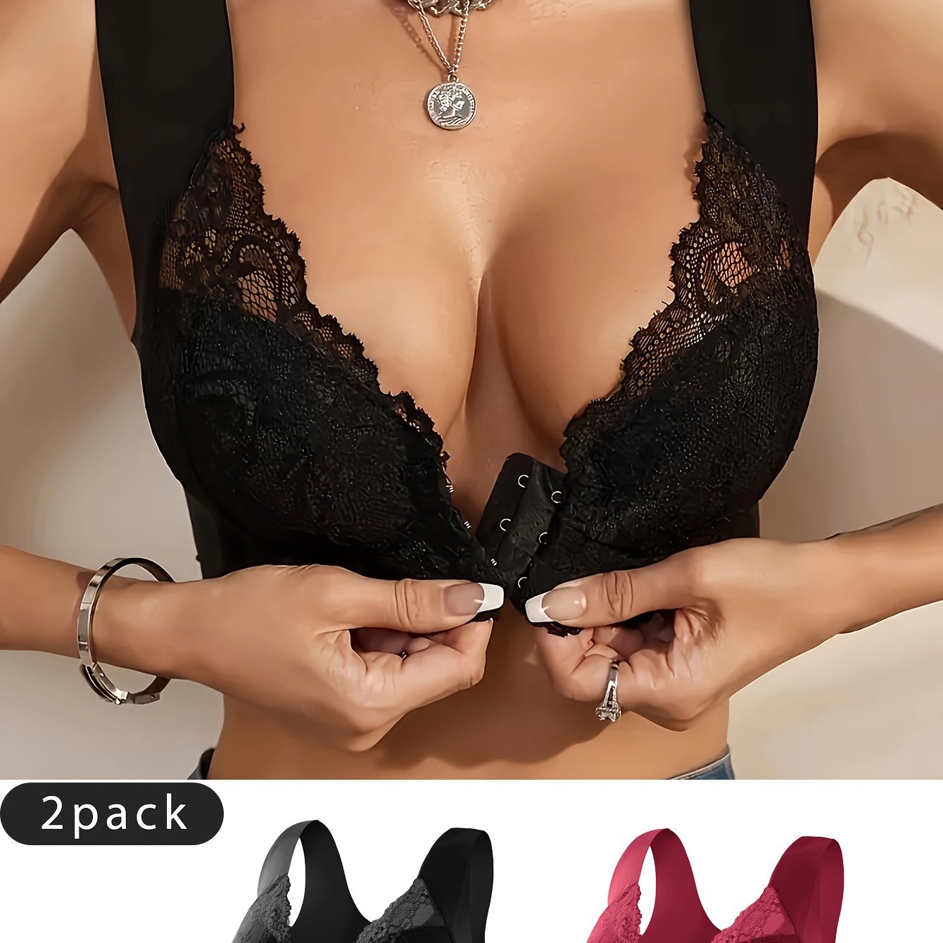2-Pack Women's Front Closure Bras, Elegant Lace Lingerie Set, Fashionable Deep V-Neck Wireless Underwear