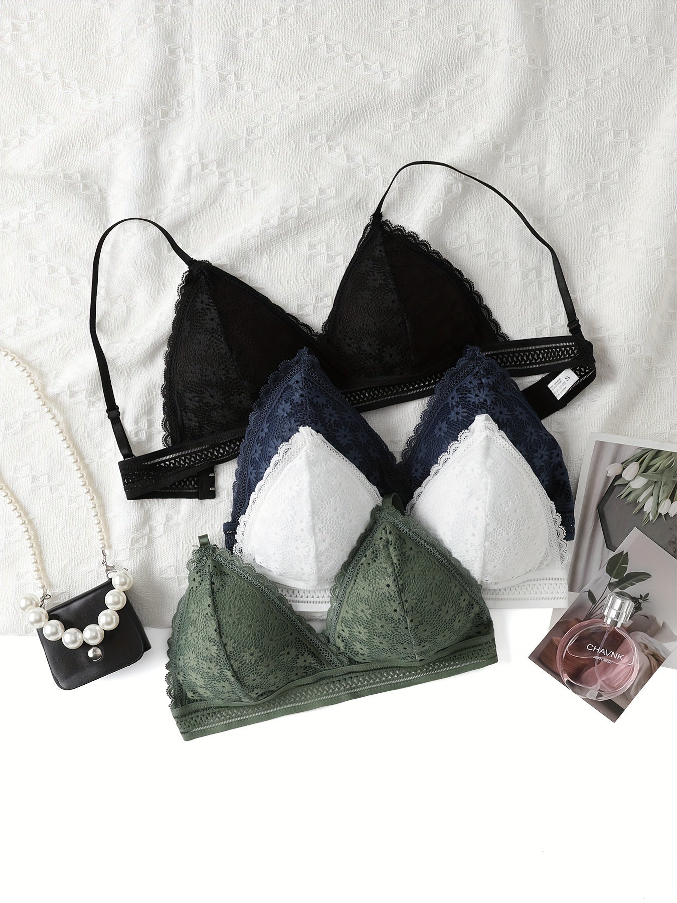 4pcs Contrast Lace Wireless Bras, Comfy & Breathable Scallop Trim Bra, Women's Lingerie & Underwear