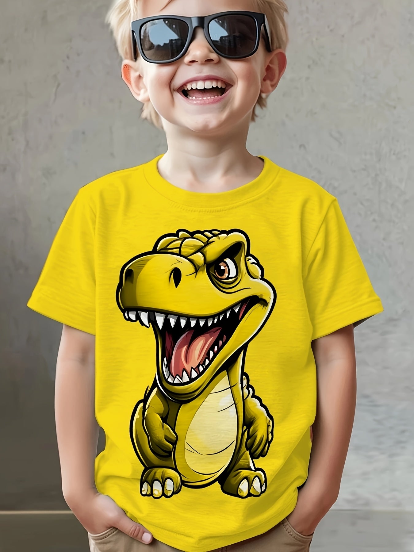 Adorable Dinosaur-Themed Design on a Boys' Short-Sleeve T-Shirt with a Round Neck, Suitable for Sports And Casual Outings, Made from Slightly Stretchy Fabric That Is Comfortable And Breathable, Featuring a Stylish Look That P