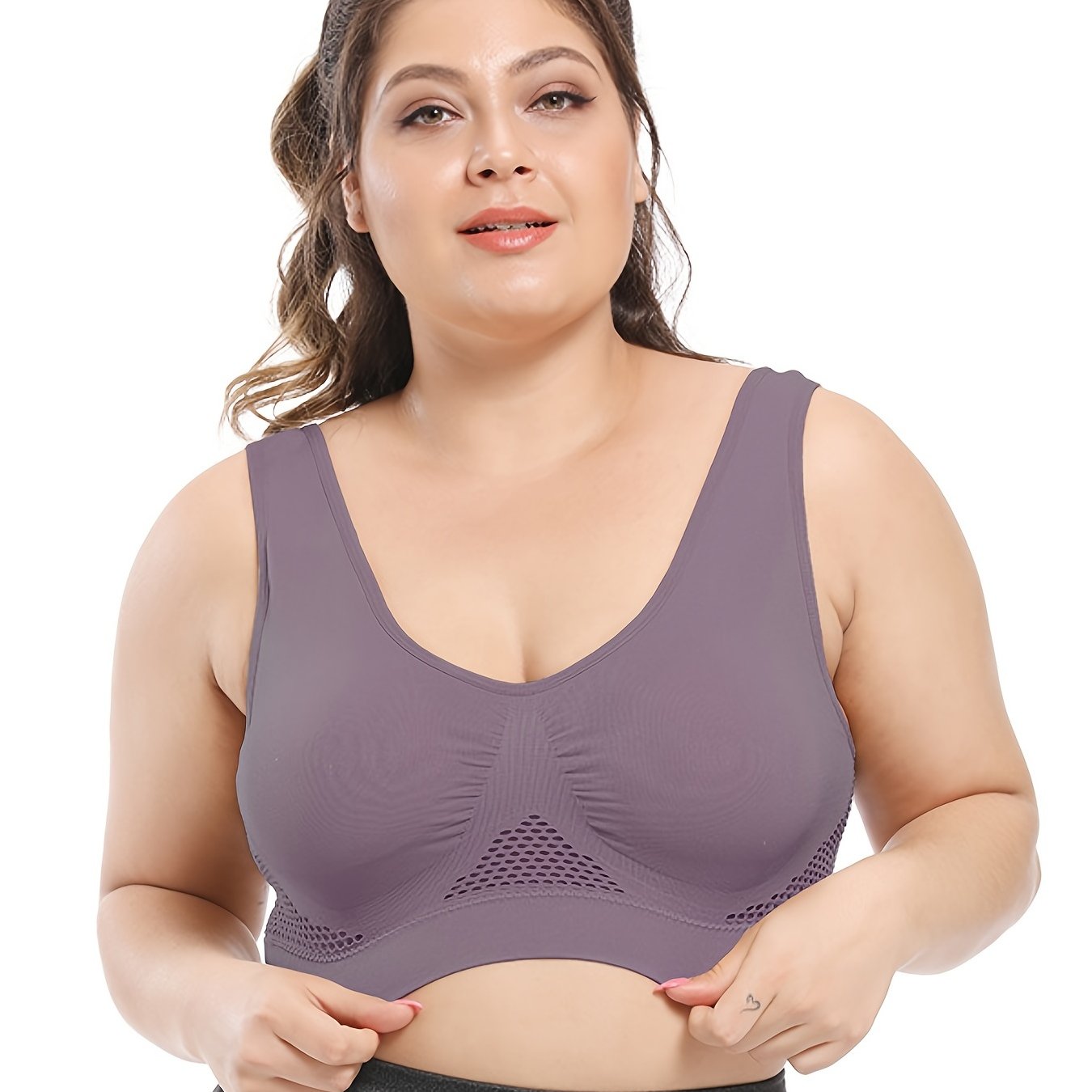 [Customizable Fit] Plus Size Seamless Sports Bra for Women - Breathable & Supportive Push-Up Vest with Removable Pads, Stretchy Nylon/Spandex Blend, Mesh Detail - Sizes 5XL, Deep Purple, Plus Size Bra