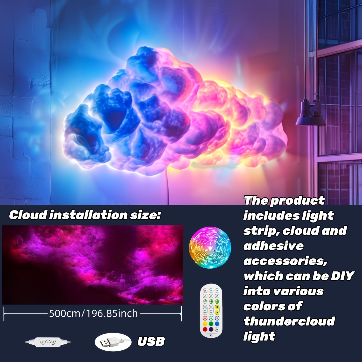4.88meter Big Cloud Light: Music Sync Multicolor Changing Strip Light for Gaming Room or Bedroom - DIY Decorations, USB Power, Remote Control, and Adjustable Height, perfect for Christmas gifts, holiday office, bedroom, hotel