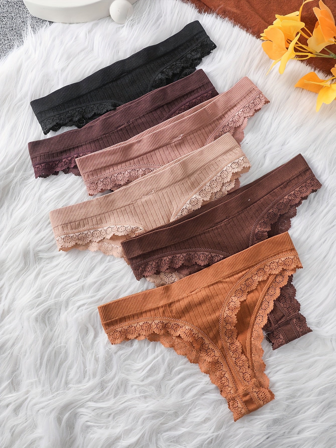 6pcs Solid Ribbed Lace Trim Thongs, Comfy Breathable Stretchy Intimates Panties, Women's Lingerie & Underwear