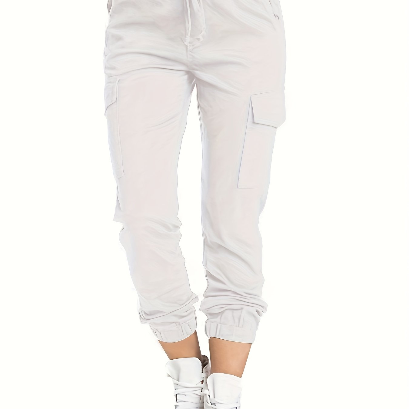 Y2K Solid Drawstring Cargo Pants, Casual Elastic Waist Long Length Pants With Pockets, Women's Clothing