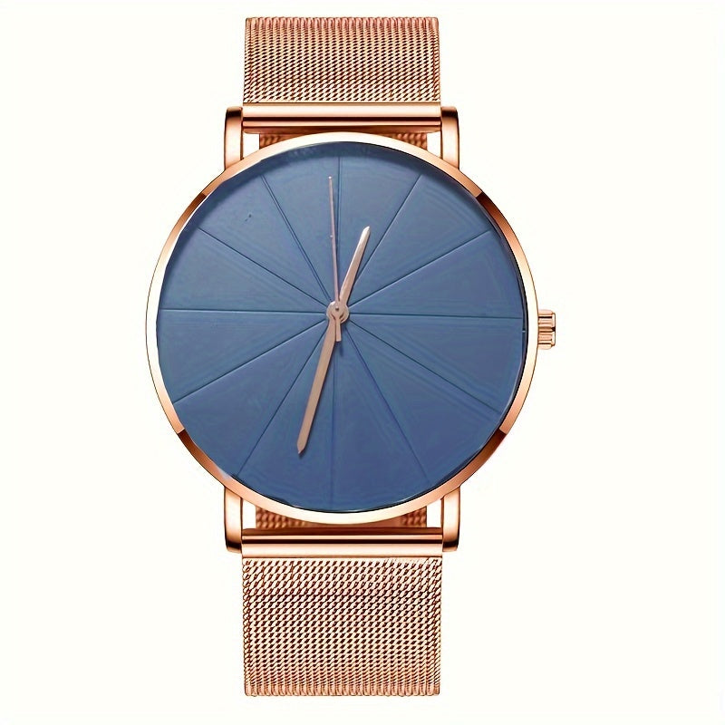 Casual Round Pointer Quartz Watch Large Geo Dial Analog Mesh Strap Wristwatch For Women Men