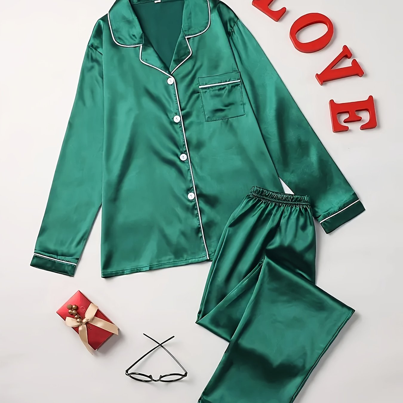 Solid Pajama Set, Long Sleeve Button Up Lapel Top & Pants Pj Set, Women's Sleepwear & Loungewear