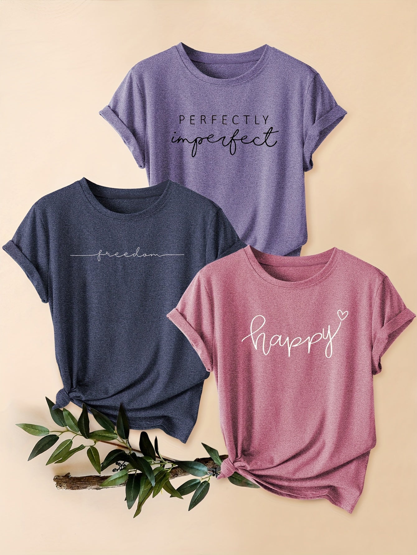 3-piece Mixed Pack Retro Style Letter Print Comfortable Breathable T-Shirt, Casual Crew Neck Short Sleeve Sports Tops For Summer, Women's Clothing