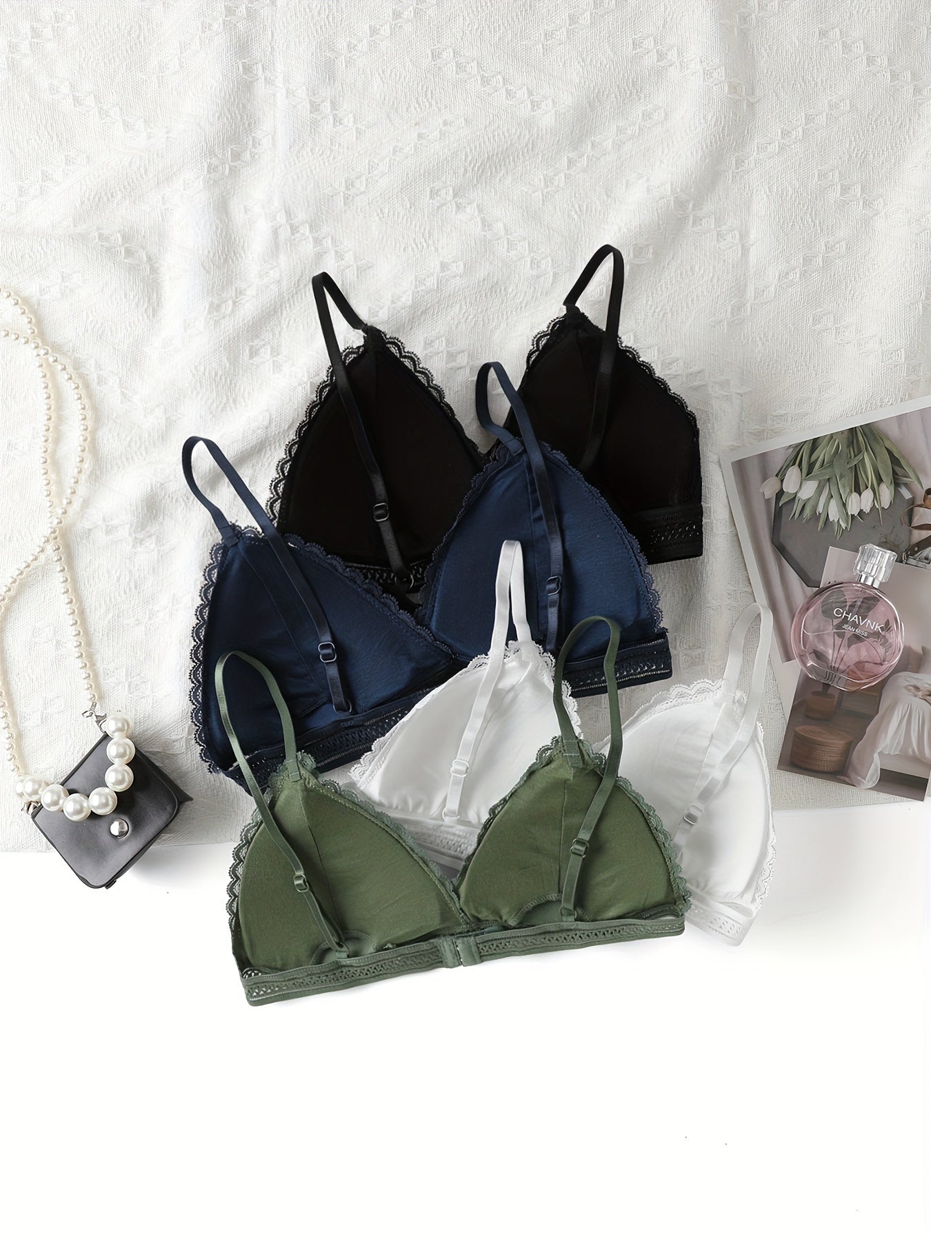 4pcs Contrast Lace Wireless Bras, Comfy & Breathable Scallop Trim Bra, Women's Lingerie & Underwear