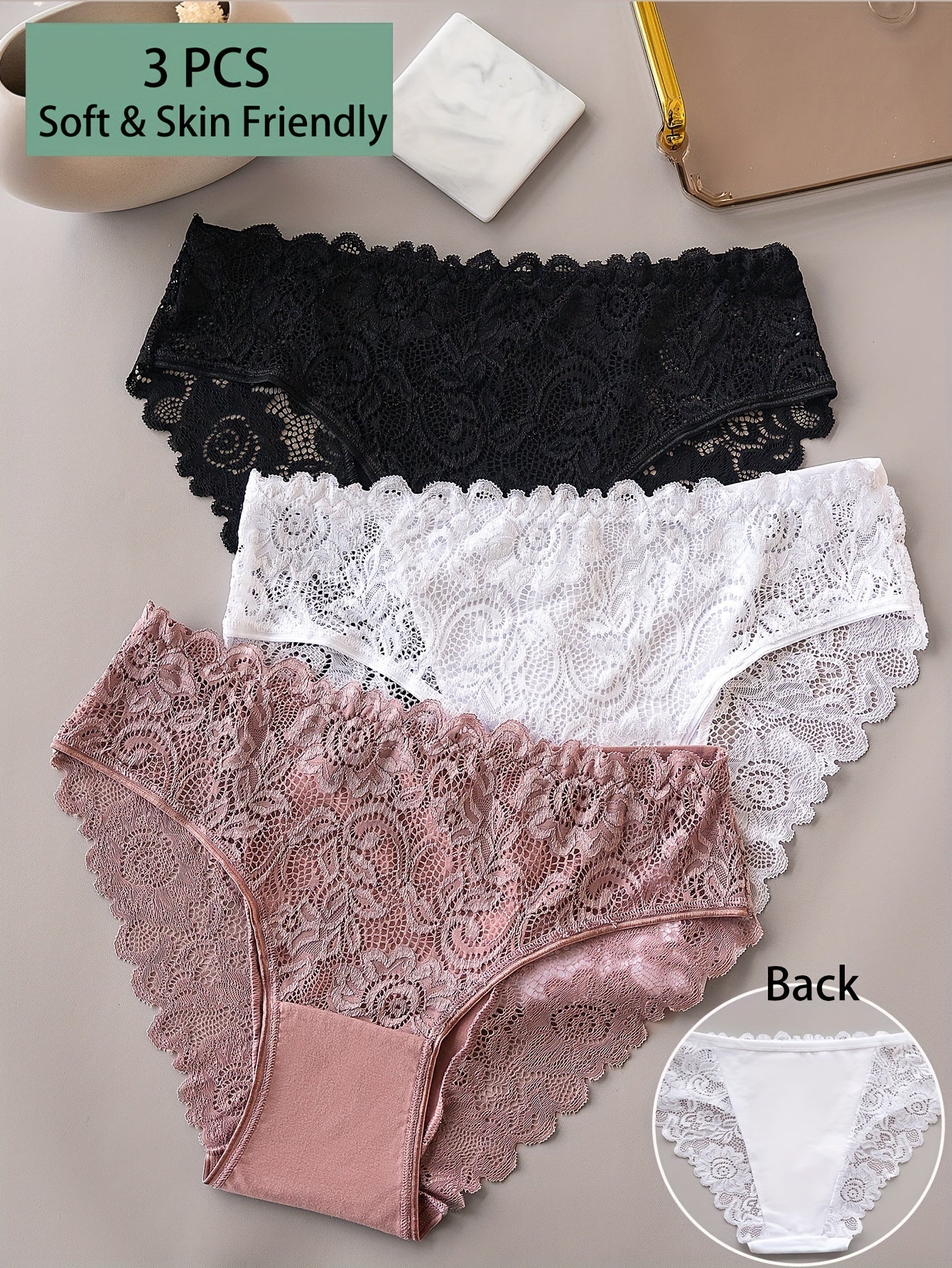3pcs Solid Lace Briefs, Comfy Breathable Stretchy Intimates Panties, Women's Lingerie & Underwear