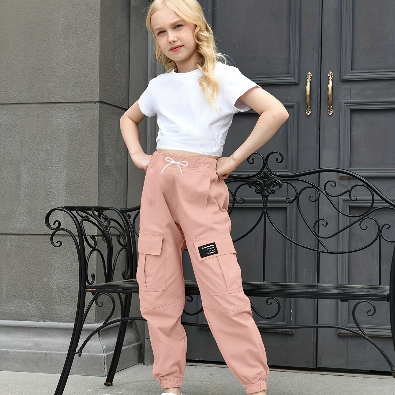 BINPAW Girls Casual Cargo Jogger Pants High Waisted Cargo Pants Outdoor Pants With Pockets