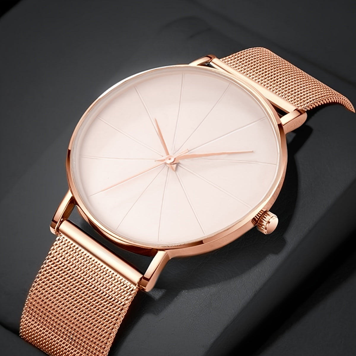 Casual Round Pointer Quartz Watch Large Geo Dial Analog Mesh Strap Wristwatch For Women Men