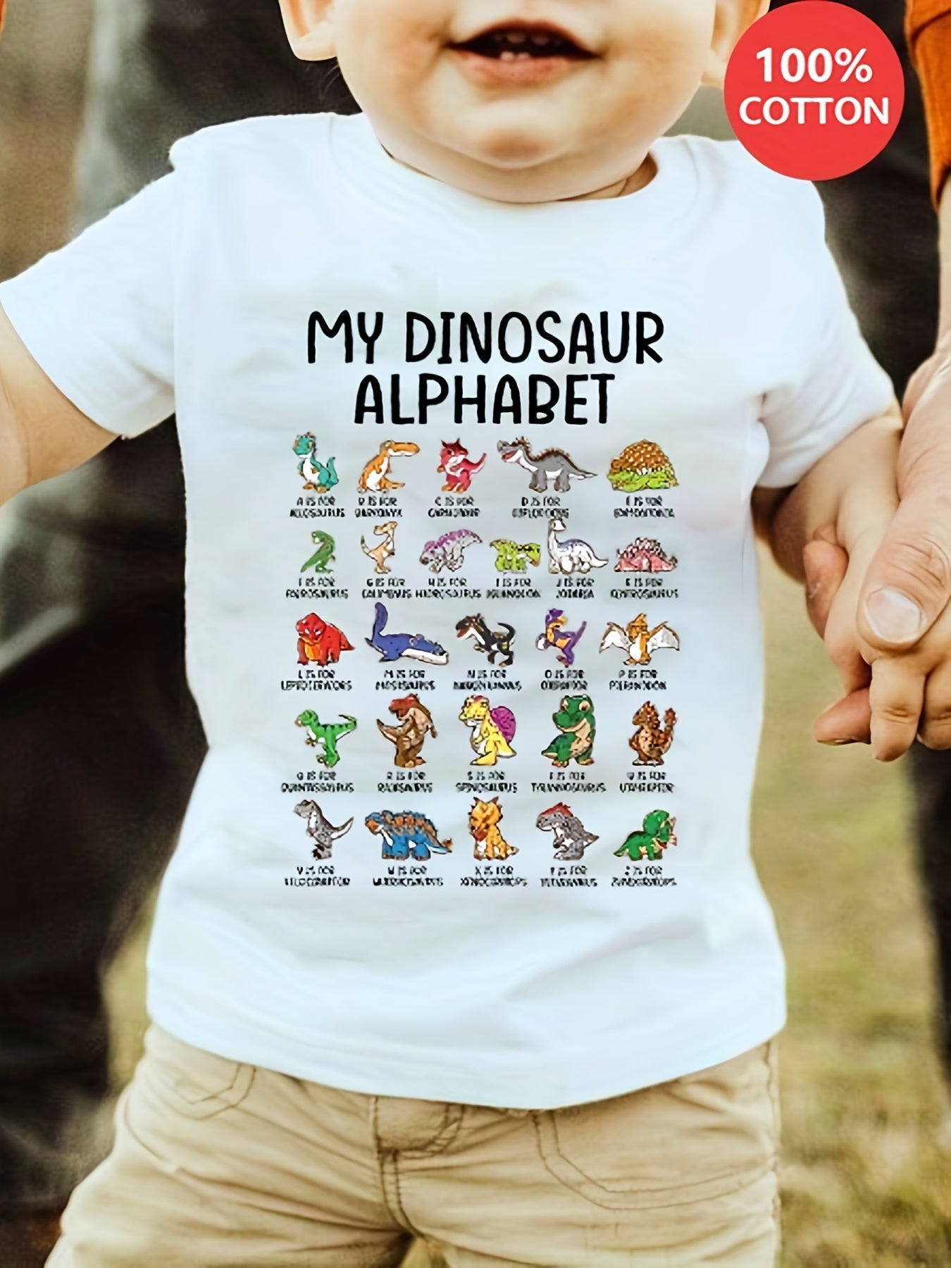 Gourd Doll Boys' 100% Cotton T-Shirt - Casual Crew Neck, Short Sleeve, Asymmetrical Hem, Slight Stretch, Dinosaur Alphabet Print Top for Youngsters, Summer Tee|Dinosaur Graphic Tee|Glossy Fabric, Dinosaur Room Decor