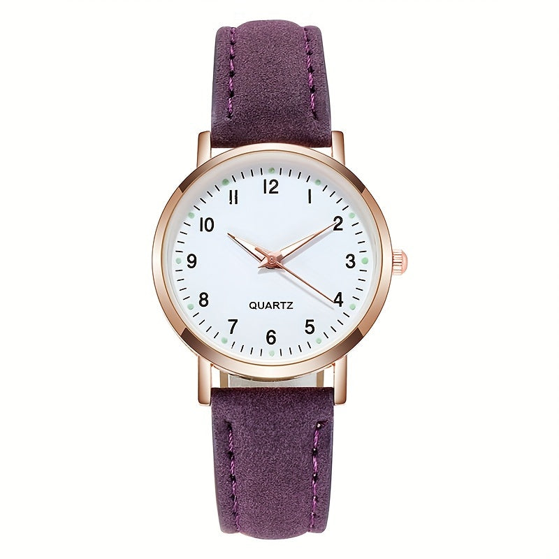 [Round Luminous Quartz Watch For Women] Cute Round Pointer Quartz Watch Luminous Analog Matte Color PU Wrist Watch For Women Daily Use