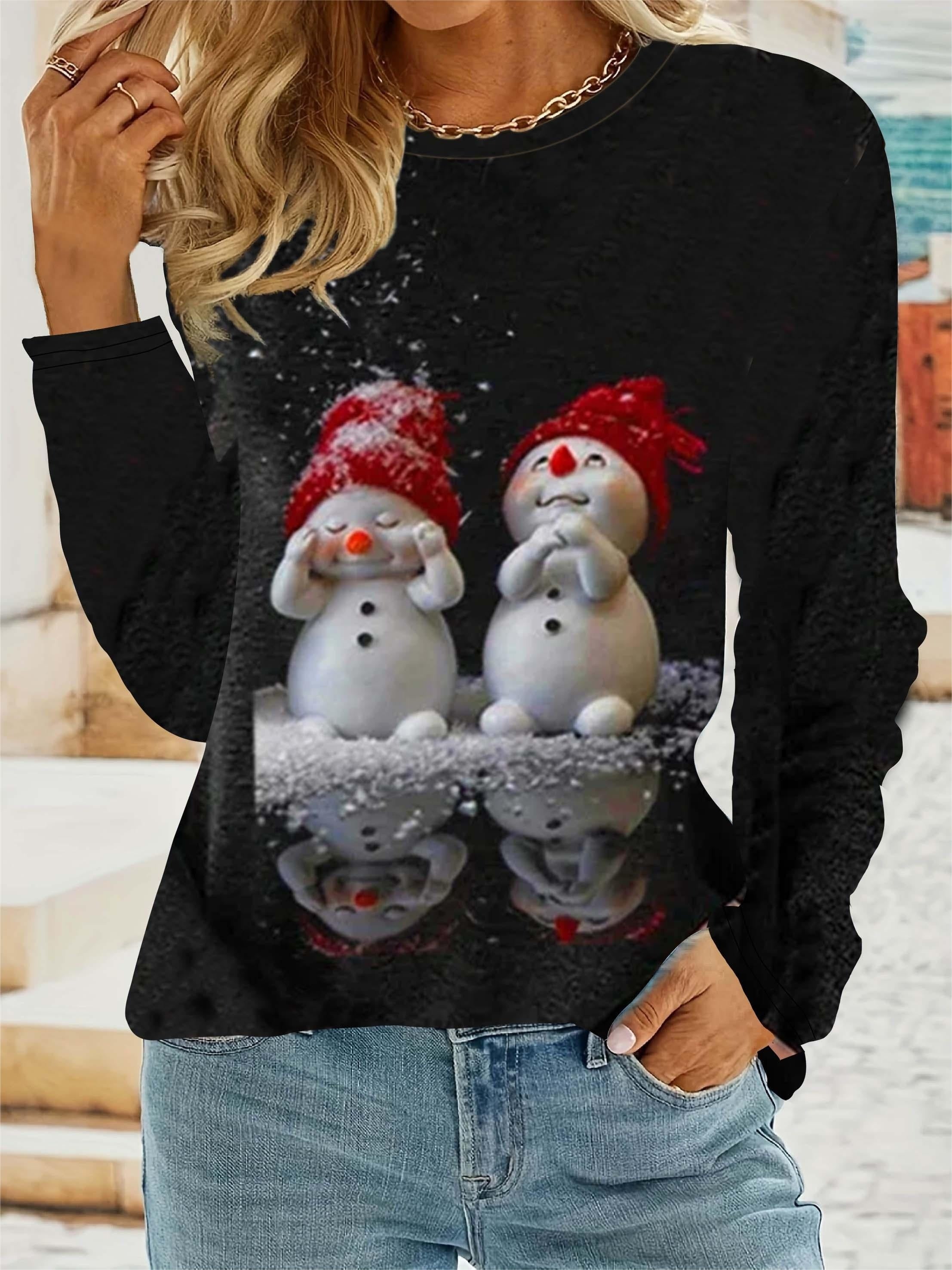 Snowman Print Crew Neck T-shirt, Casual Long Sleeve Top, Women's Clothing