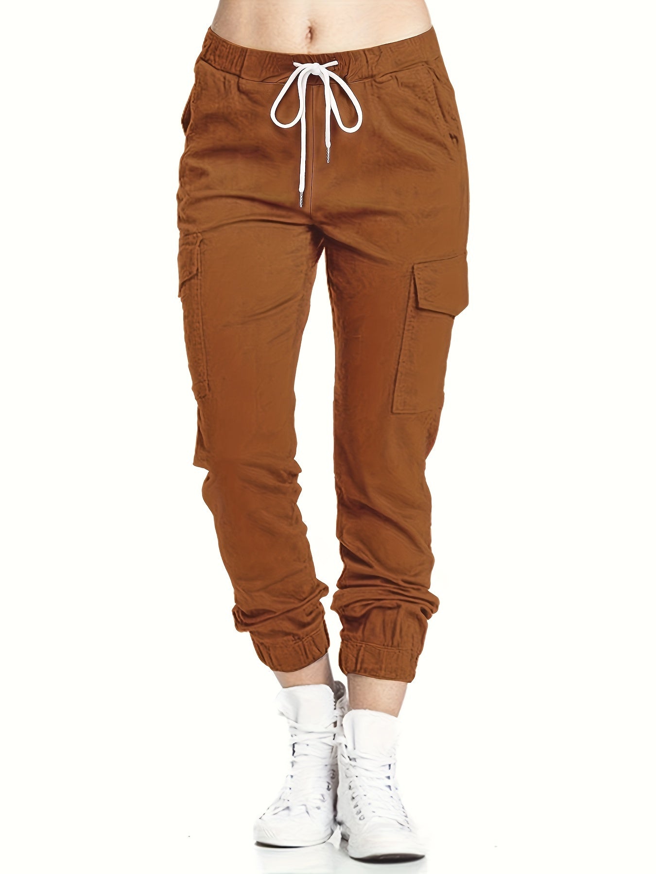 Y2K Solid Drawstring Cargo Pants, Casual Elastic Waist Long Length Pants With Pockets, Women's Clothing