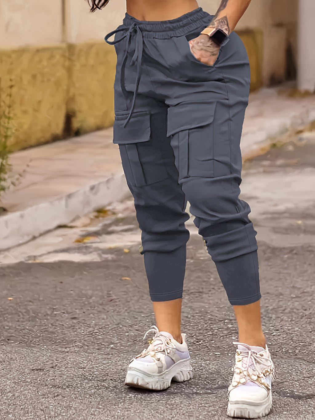 Solid Flap Pocket Jogger Cargo Pants, Casual Drawstring Pants For Spring & Fall, Women's Clothing
