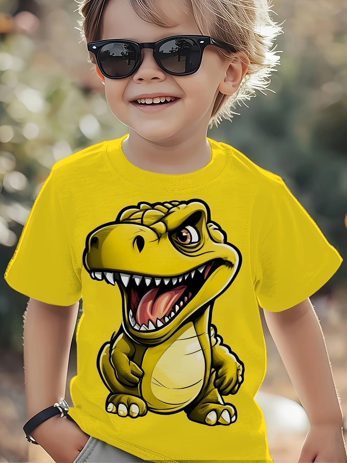 Adorable Dinosaur-Themed Design on a Boys' Short-Sleeve T-Shirt with a Round Neck, Suitable for Sports And Casual Outings, Made from Slightly Stretchy Fabric That Is Comfortable And Breathable, Featuring a Stylish Look That P