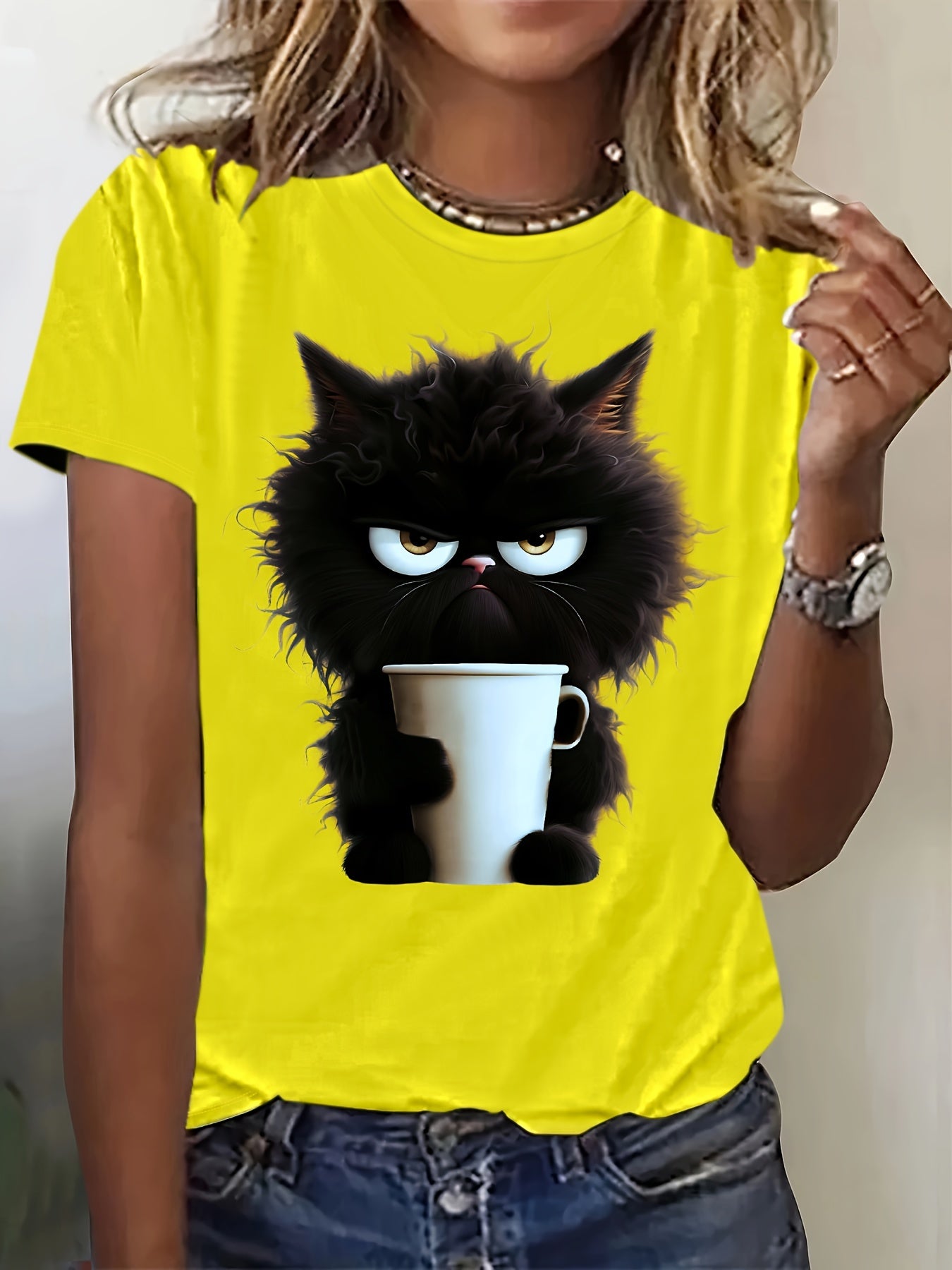 Cat Print T-shirt, Casual Short Sleeve Crew Neck Top For Spring & Summer, Women's Clothing